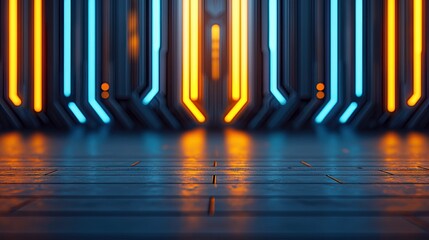 A futuristic stage with vertical neon lights in orange and blue, casting reflections on a textured, dark floor. The scene evokes a sci-fi or technology theme.