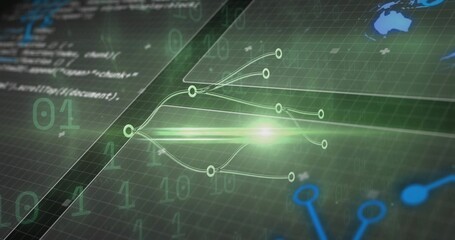 Rendering glowing central node with branching lines on virtual green grid, showing binary digits