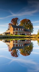 Fototapeta premium Picturesque Brick House with Autumn Trees Perfectly Reflected in Tranquil Lake.