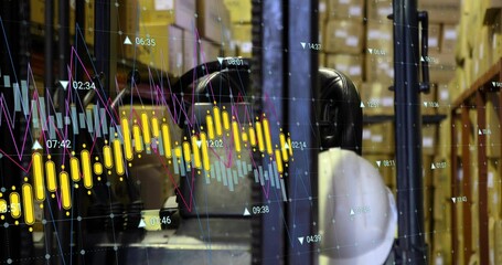 Showing forklift cabin seat, control levers in warehouse aisle, white hard hat, data overlay