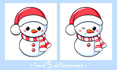 Educational Game for Kids. Find five Differences Activity For Preschool Children. Find 5 differences education game for kids with cute snowman. Merry Christmas theme. Vector Illustration EPS8