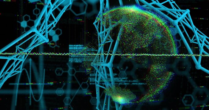 Rotating particle globe at right in cyberspace, showing cyan lattice, hex grid, waveforms, code - Powered by Adobe