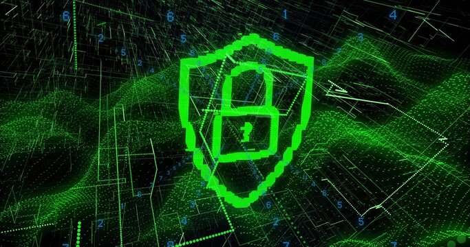 Glowing neon-green pixelated shield showing padlock question-mark in virtual cyberspace, with grid