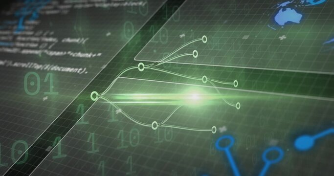 Rendering glowing central node with branching lines on virtual green grid, showing binary digits - Powered by Adobe