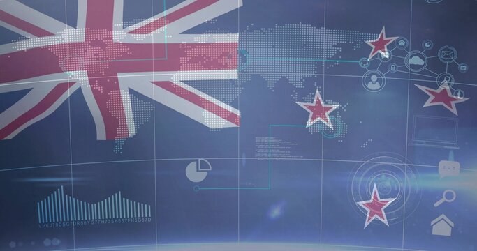 Displaying Union Jack flag over dotted world map studio backdrop, showing four red stars and radar - Powered by Adobe