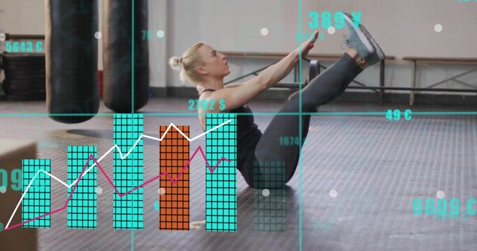 Holding V-sit woman doing core work on rubber mat, wearing athletic wear, heavy bags, data overlay - Powered by Adobe