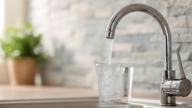 Sleek chrome kitchen faucet pours water into a clear glass, with soft, blurred plant backdrop light!