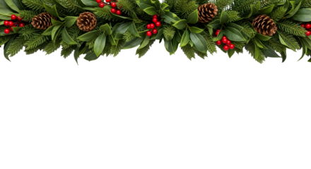 Beautiful holiday garland featuring lush green fir branches, vibrant red berries, and natural pinecones, perfect for creating a festive design border or seasonal decoration