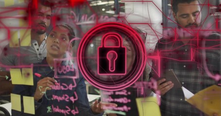 Fototapeta premium Pointing marker, woman in dark denim jacket and team sketching security on glass with neon padlock