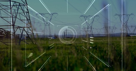 Displaying centered steel power pylons with overhead lines in grassy corridor, HUD reticle overlay