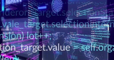 Displaying floating code panels and projecting world-map in dark control room, with wireframe globe