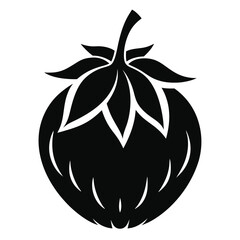 A bold strawberry silhouette features sharp leaves, highlighting a minimalistic, modern design