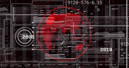 Displaying red skull silhouette dominating circular HUD, showing data panels, 2005 2019 waveforms
