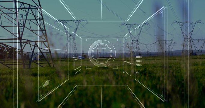 Displaying centered steel power pylons with overhead lines in grassy corridor, HUD reticle overlay - Powered by Adobe