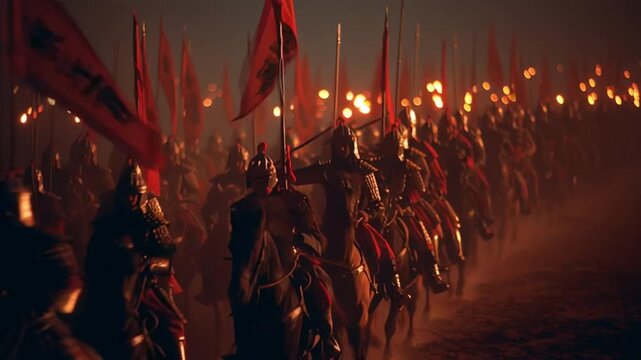 A dramatic scene of armored knights on horseback galloping forward in unison at night holding tall red flags with glowing torches illuminating their path through the dust