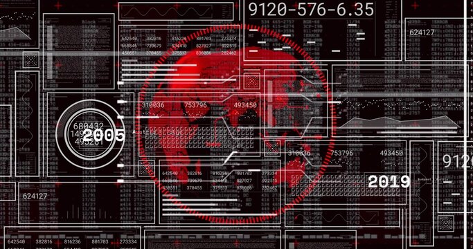Displaying red skull silhouette dominating circular HUD, showing data panels, 2005 2019 waveforms