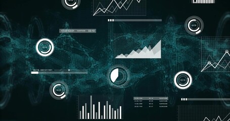 Displaying layered HUD on analytics dashboard, with circular gauges, line charts, progress bars