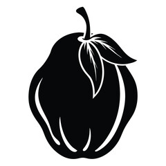 Simple silhouette of a pear and two leaves shows a unique black fruit