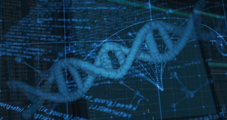 Twisting central 3D DNA double helix glowing across virtual laboratory display, with overlaid code
