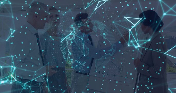 Pointing man explaining flip chart in meeting area while team in blouse, tie study globe overlay