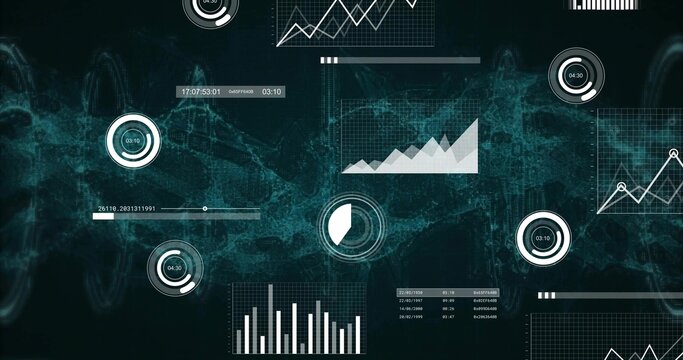 Displaying layered HUD on analytics dashboard, with circular gauges, line charts, progress bars - Powered by Adobe