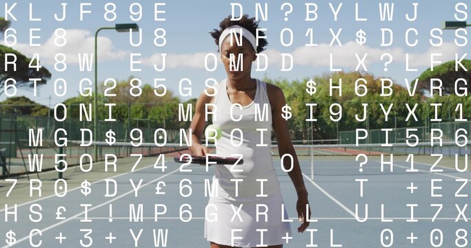 Standing tennis player holding racket, ball on court, wearing white dress with net and data overlay - Powered by Adobe
