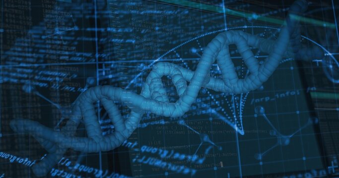 Twisting central 3D DNA double helix glowing across virtual laboratory display, with overlaid code