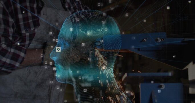 Displaying cyan hologram head with sensor icons over metal shop, worker wearing plaid apron