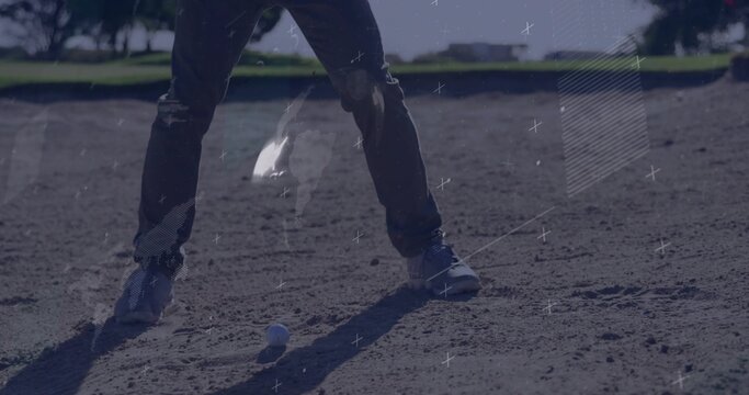 Standing golfer wearing jeans and sneakers preparing shot in bunker with white golf ball, overlays