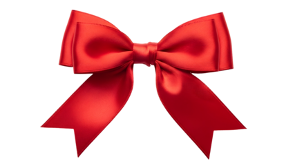 Vibrant red satin ribbon bow, meticulously tied and isolated on a clean white background, serving as a classic symbol of gifts, celebration, and festive adornment for joyous occasions