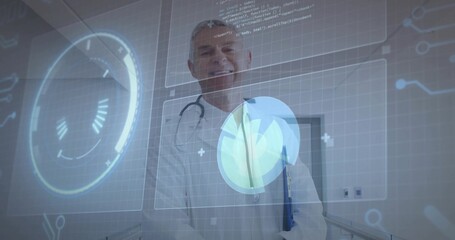 Standing doctor wearing lab coat and stethoscope holding clipboard in clinic hall with HUD vitals
