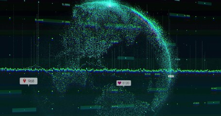 Displaying point-cloud globe rotating in data UI, showing waveform, grid, map-pin 968, heart 51:20