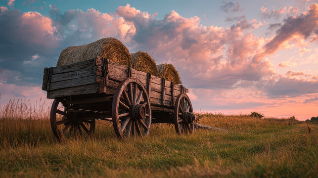 Old wooden cart carrying hay bales in a field at sunset