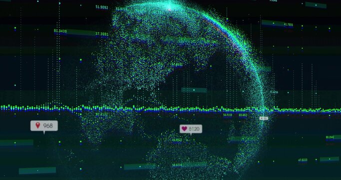 Displaying point-cloud globe rotating in data UI, showing waveform, grid, map-pin 968, heart 51:20