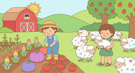 Friendly Storybook Farm Scene
Cain tending bright colorful crops and Abel caring for fluffy sheep, smiling characters with soft rounded shapes, cheerful flat colors, simple farm landscape, gentle kid-