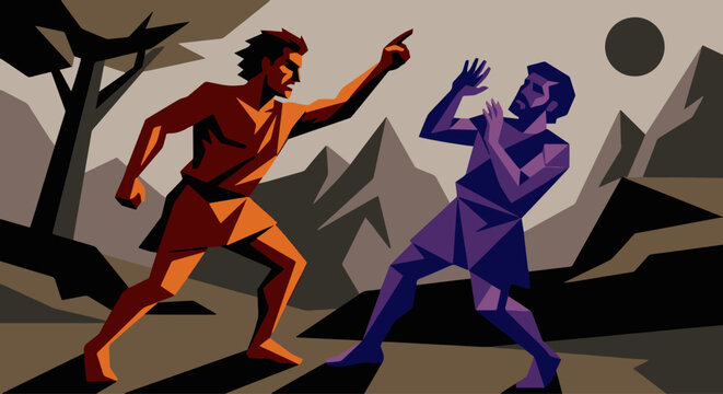 Dramatic Flat Vector Moment
Cain confronting Abel in a bold flat vector style, sharp geometric shapes, dark contrasting shadows, expressive poses, simplified landscape, modern dramatic illustration.