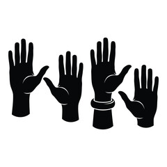 Obraz premium Four black silhouette hands raised up on white background