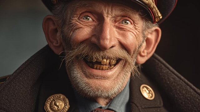 Detailed close-up portrait of an elderly military officer or general with a large mustache and gold teeth, laughing while wearing a decorated uniform with medals.