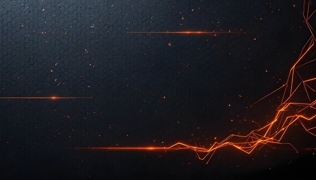 Dark grey abstract horizontal banner with hexagon carbon fiber grid and glowing orange neon lines - Powered by Adobe