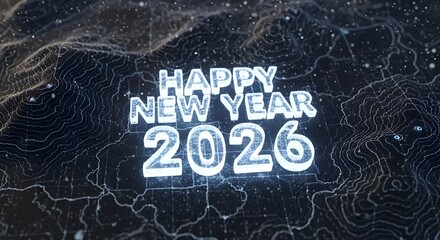 Glowing happy new year 2026 on futuristic digital background