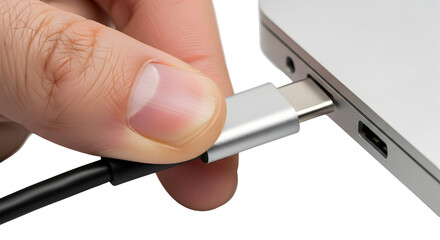 A hand plugs a universal serial bus type C cable into a laptop, symbolizing modern digital connectivity for efficient data transfer and fast power charging
