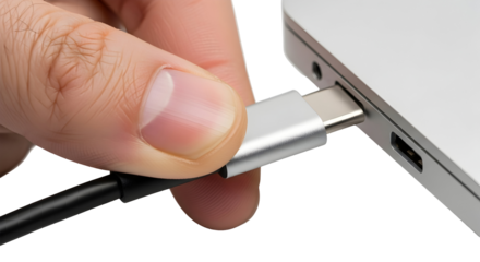 A hand plugs a universal serial bus type C cable into a laptop, symbolizing modern digital connectivity for efficient data transfer and fast power charging
