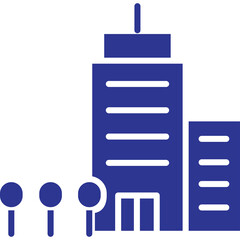 Simple Blue Icon of Tall Buildings and Trees on Transparent Background Abstract Cityscape Architecture Graphic