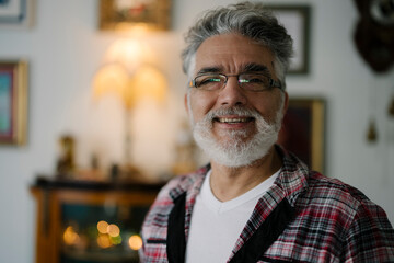 Older man smiles warmly in a cozy, well-decorated living room