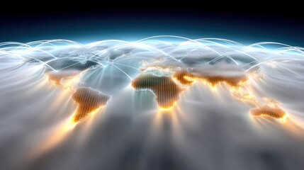 A digital representation of the Earth with glowing continents and interconnected light trails, symbolizing global networks and communication.