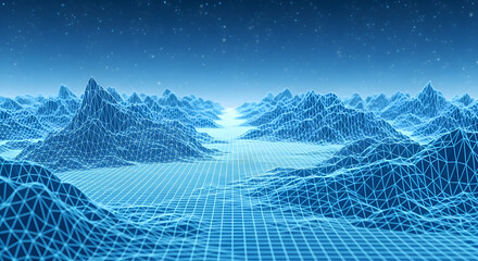 Futuristic digital landscape with glowing wireframe mountains under a starry night sky evokes a sense of virtual reality. isolated on white background