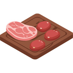 Pixel Art Raw Pork Chop and Sausages on a Wooden Cutting Board Simple Isolated Graphic