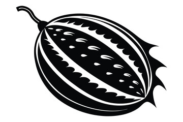 Black silhouette showcases kiwano melon with decorative spikes, teardrop seeds, and graceful curve