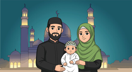 Muslim family portrait featuring a bearded father, mother in hijab, and baby boy in front of a mosque at night, celebrating Islamic festivals like Eid al-Fitr, Ramadan, and family togetherness.