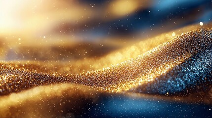 Abstract background with golden and blue shimmering particles flowing in waves, illuminated by soft, warm light.